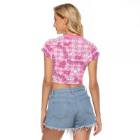 Alaka Aloha Hawaii Raglan Cropped T Shirt Plumeria Lei With Palaka Motif - Polynesian Pride