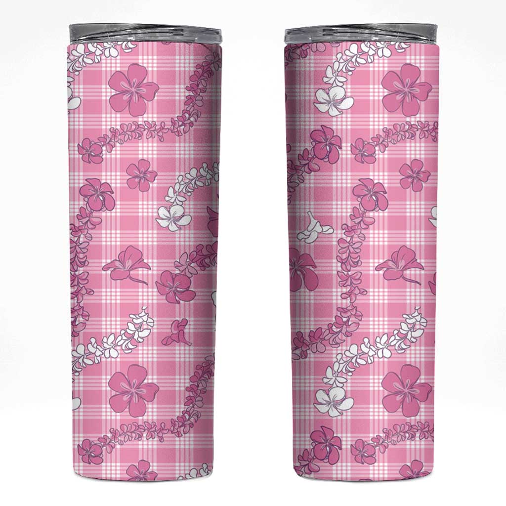 Alaka Aloha Hawaii Skinny Tumbler Plumeria Lei With Palaka Motif LT14 Pink - Polynesian Pride