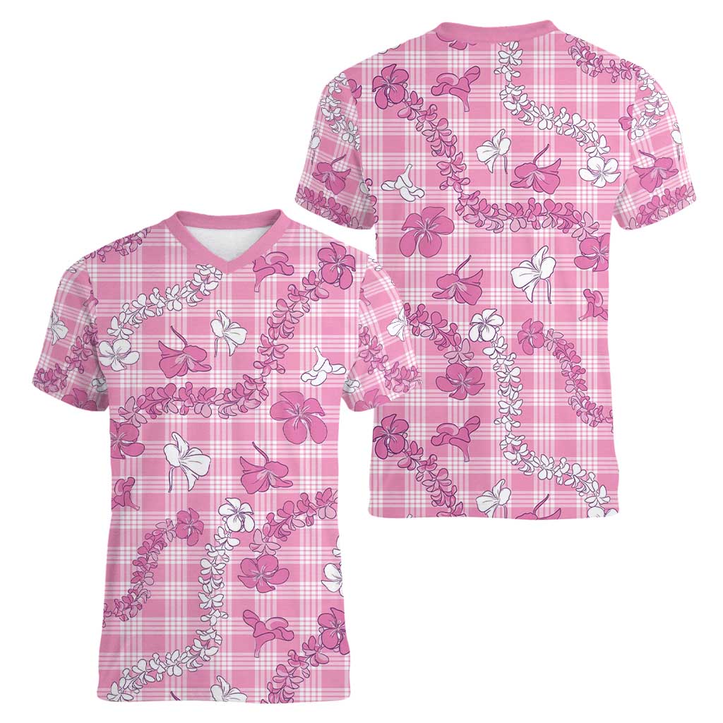 Alaka Aloha Hawaii Women V-Neck T-Shirt Plumeria Lei With Palaka Motif LT14 - Polynesian Pride