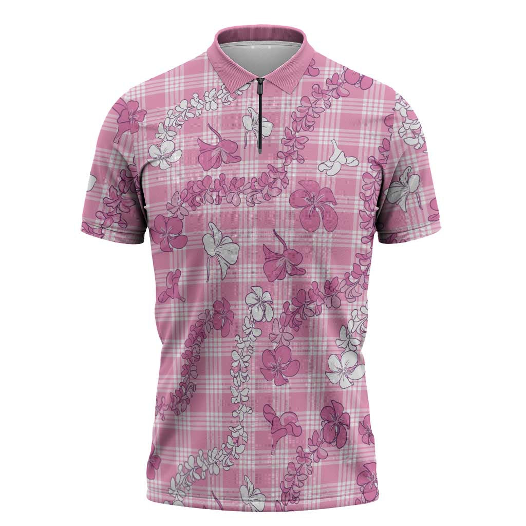 Alaka Aloha Hawaii Zipper Polo Shirt Plumeria Lei With Palaka Motif LT14 Pink - Polynesian Pride