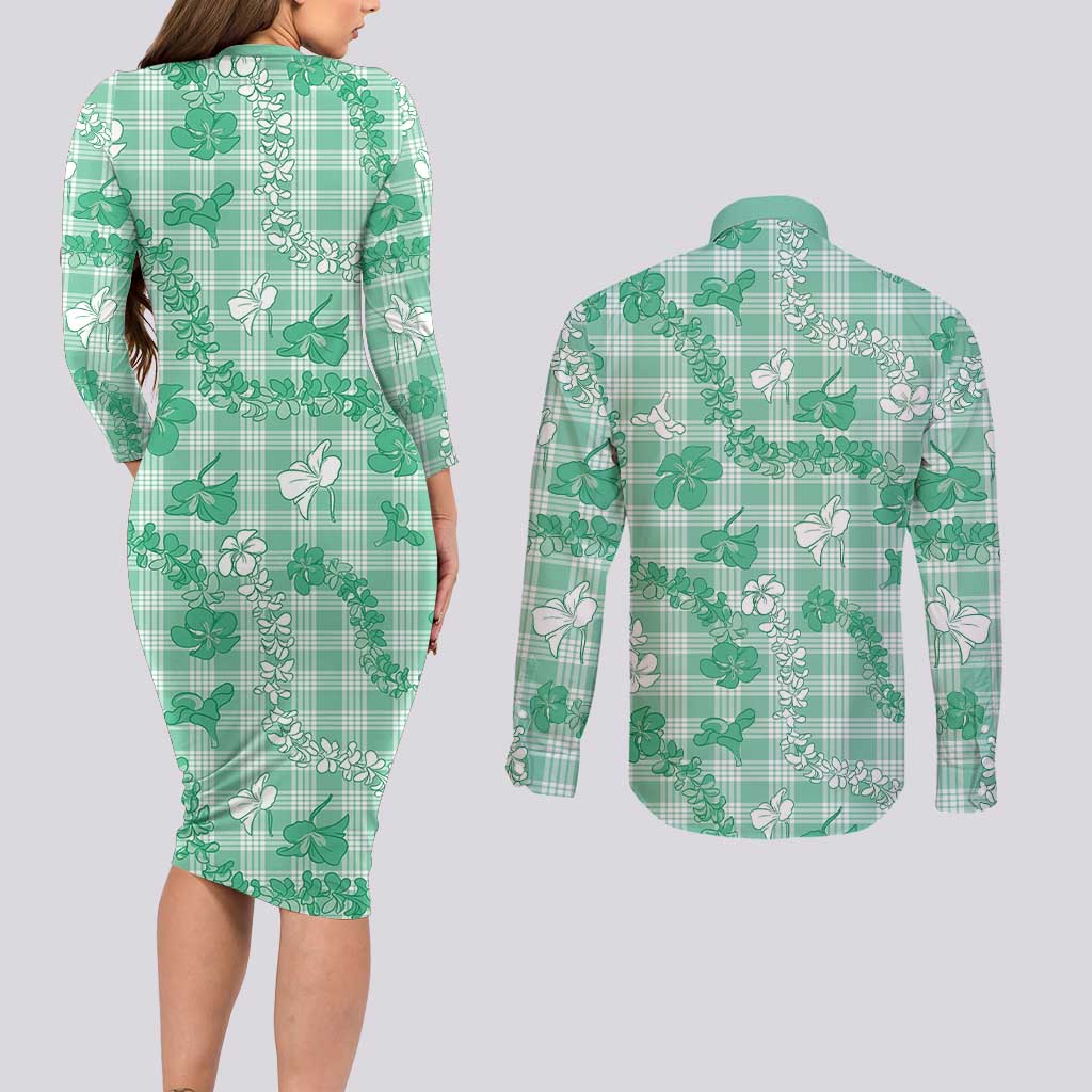 Omaomao Aloha Hawaii Couples Matching Long Sleeve Bodycon Dress and Long Sleeve Button Shirt Plumeria Lei With Palaka Motif LT14 - Polynesian Pride