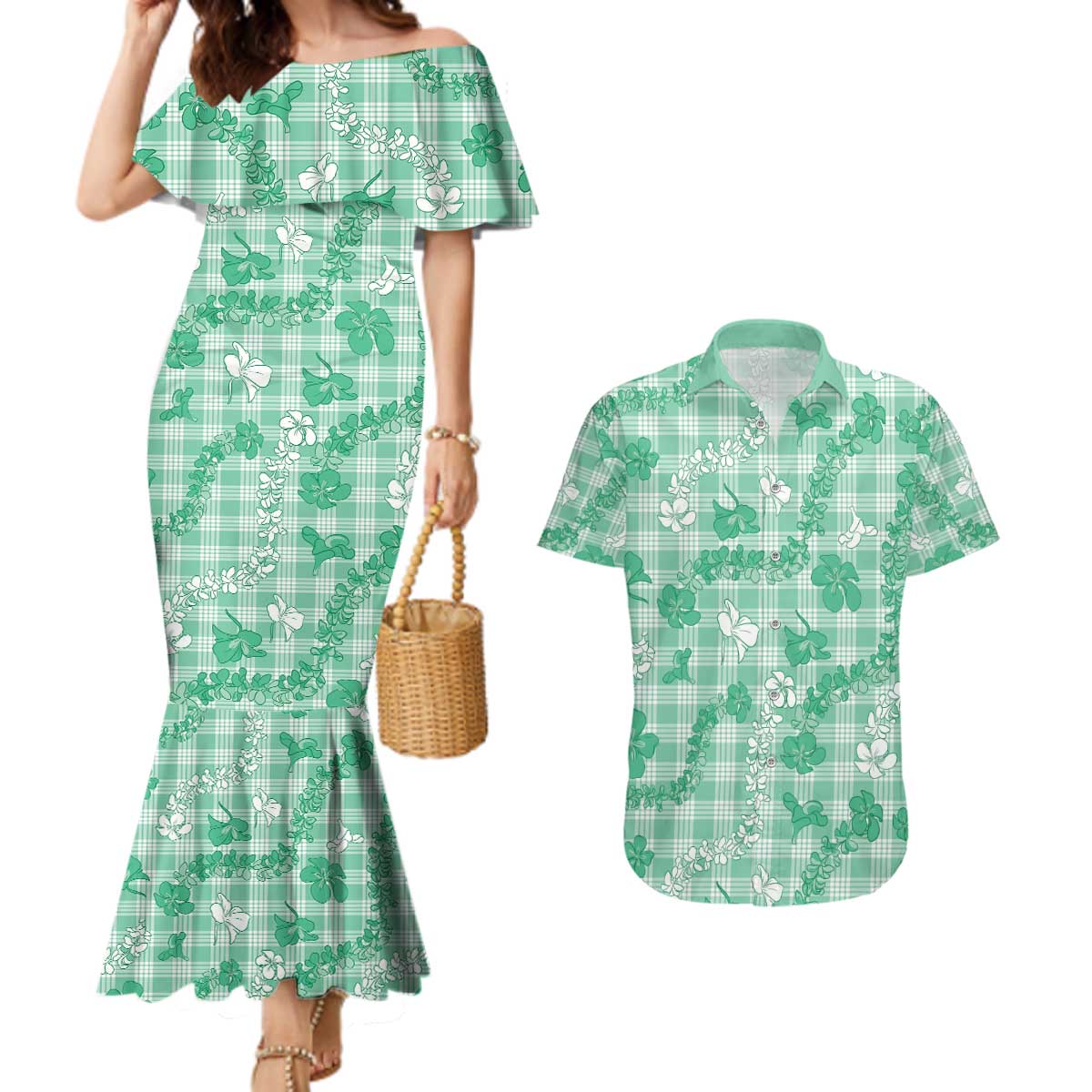 Omaomao Aloha Hawaii Couples Matching Mermaid Dress and Hawaiian Shirt Plumeria Lei With Palaka Motif LT14 Green - Polynesian Pride