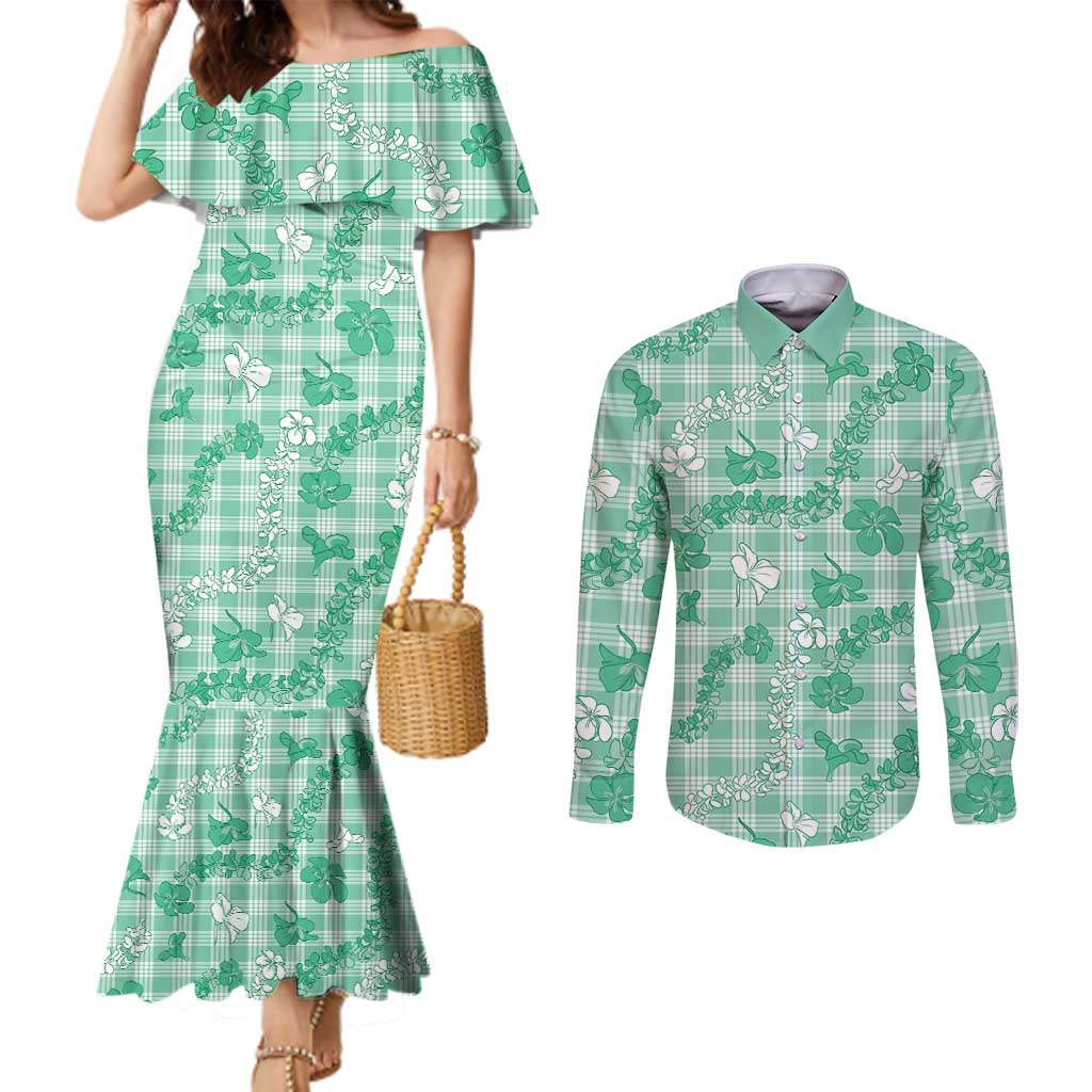Omaomao Aloha Hawaii Couples Matching Mermaid Dress and Long Sleeve Button Shirt Plumeria Lei With Palaka Motif - Polynesian Pride