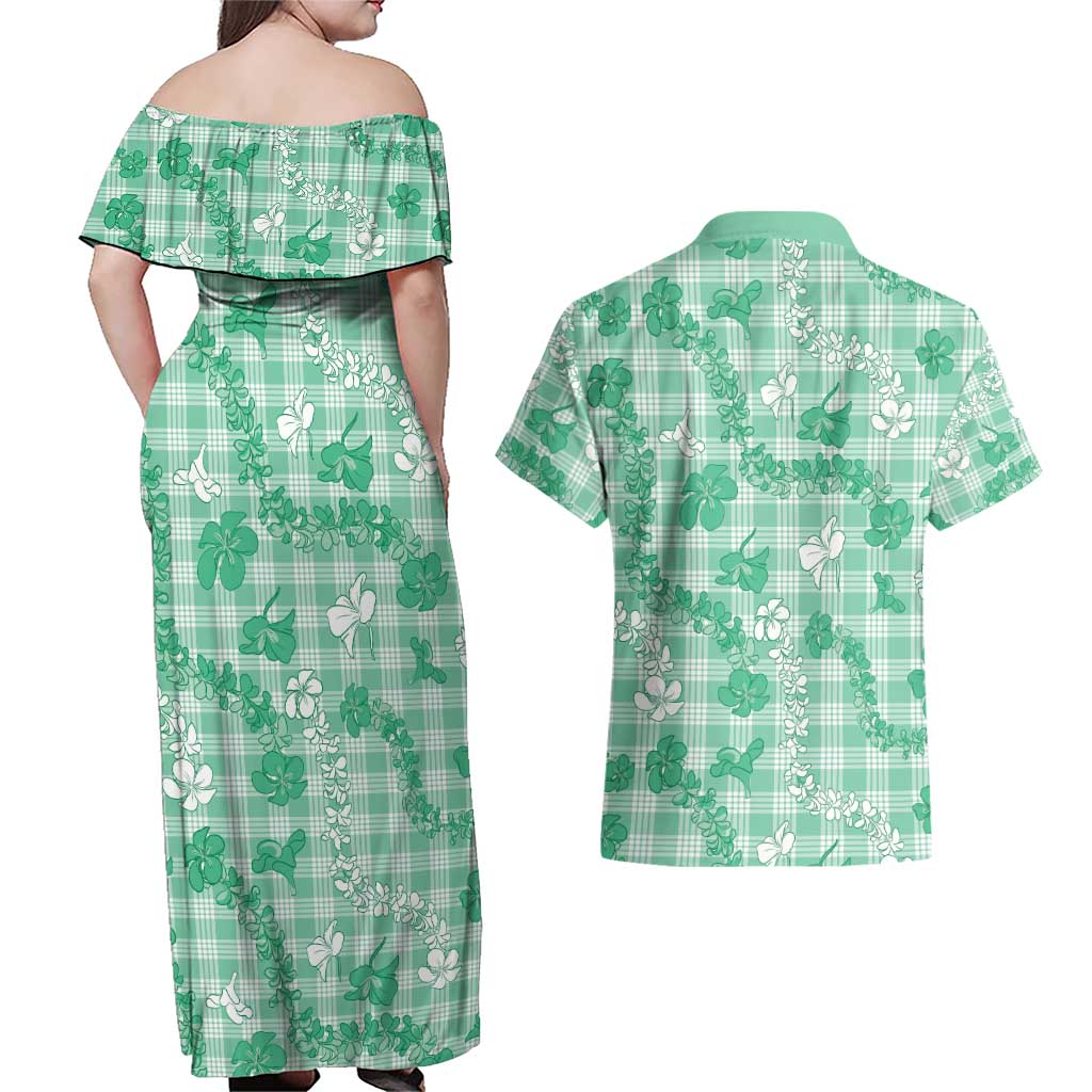 Omaomao Aloha Hawaii Couples Matching Off Shoulder Maxi Dress and Hawaiian Shirt Plumeria Lei With Palaka Motif LT14 - Polynesian Pride