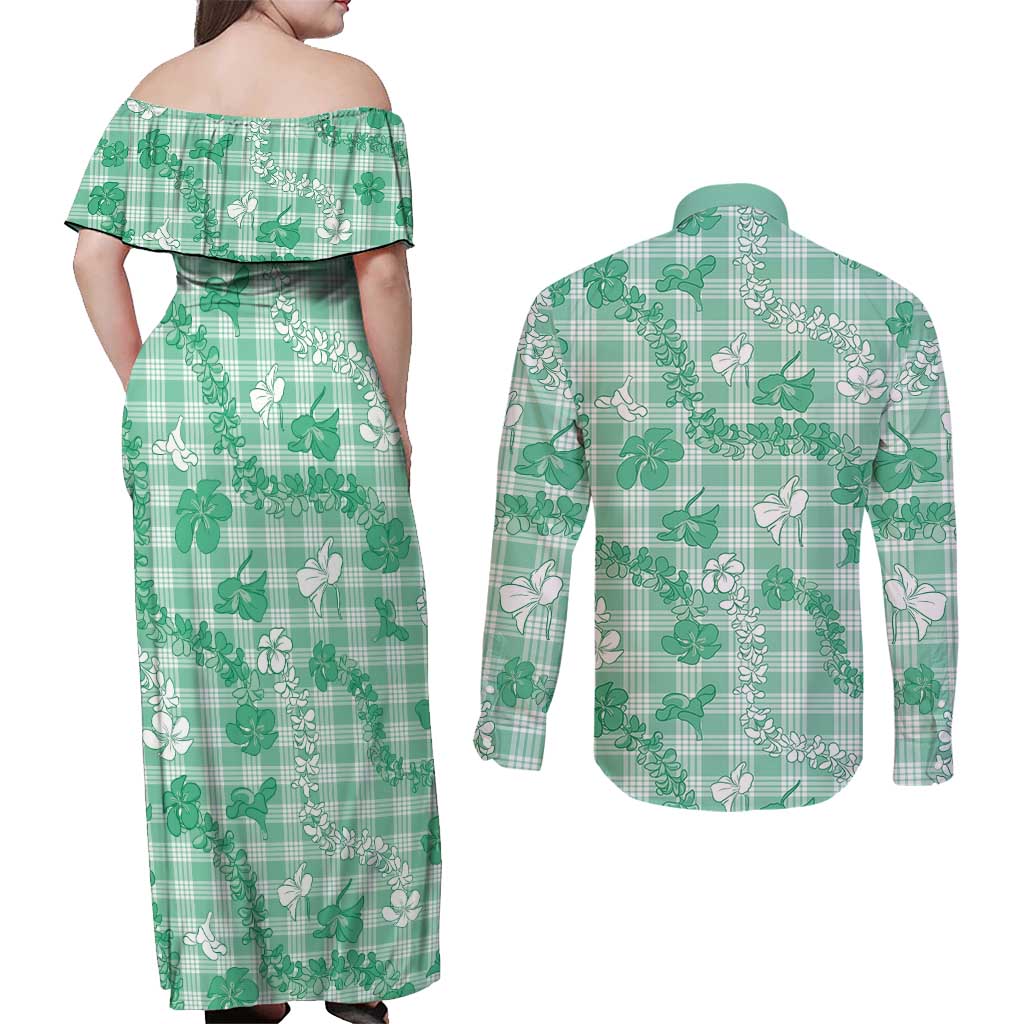 Omaomao Aloha Hawaii Couples Matching Off Shoulder Maxi Dress and Long Sleeve Button Shirt Plumeria Lei With Palaka Motif LT14 - Polynesian Pride