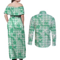 Omaomao Aloha Hawaii Couples Matching Off Shoulder Maxi Dress and Long Sleeve Button Shirt Plumeria Lei With Palaka Motif LT14 - Polynesian Pride