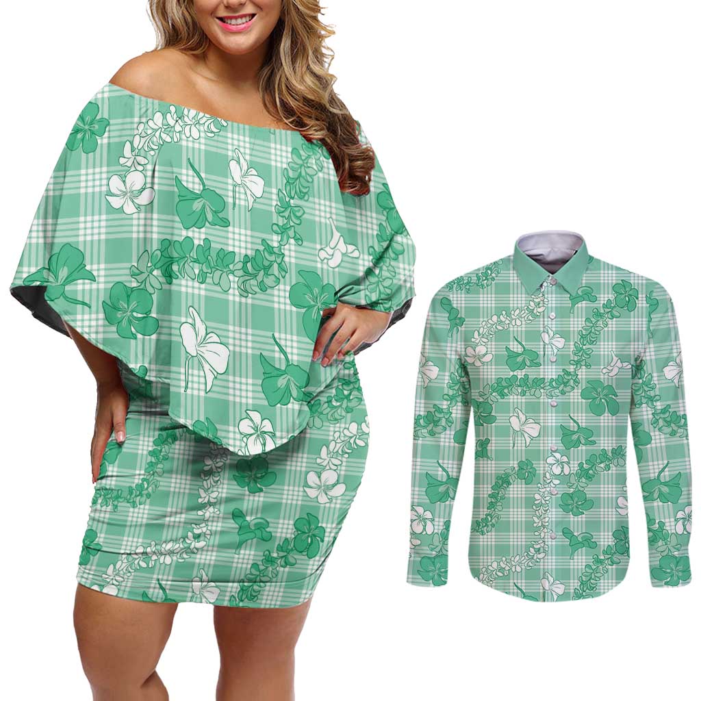 Omaomao Aloha Hawaii Couples Matching Off Shoulder Short Dress and Long Sleeve Button Shirt Plumeria Lei With Palaka Motif LT14 Green - Polynesian Pride