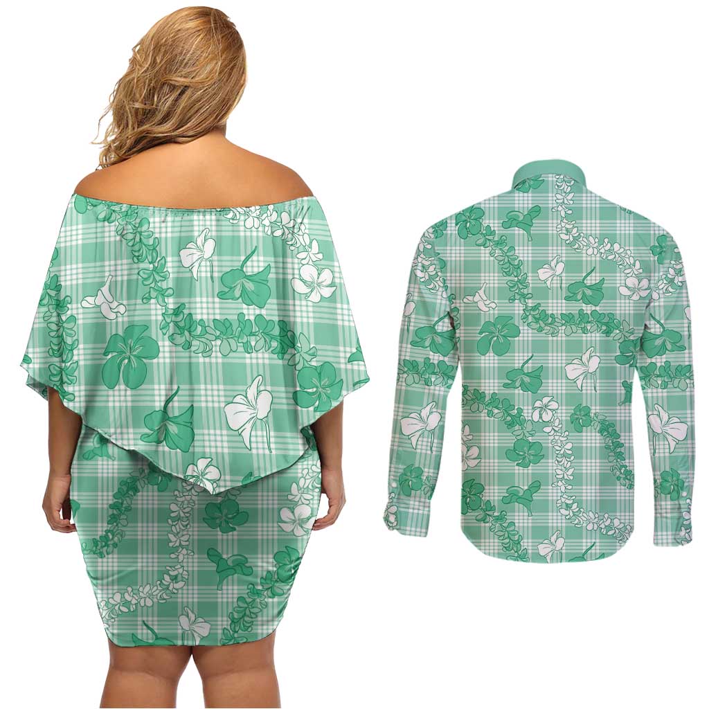Omaomao Aloha Hawaii Couples Matching Off Shoulder Short Dress and Long Sleeve Button Shirt Plumeria Lei With Palaka Motif LT14 - Polynesian Pride