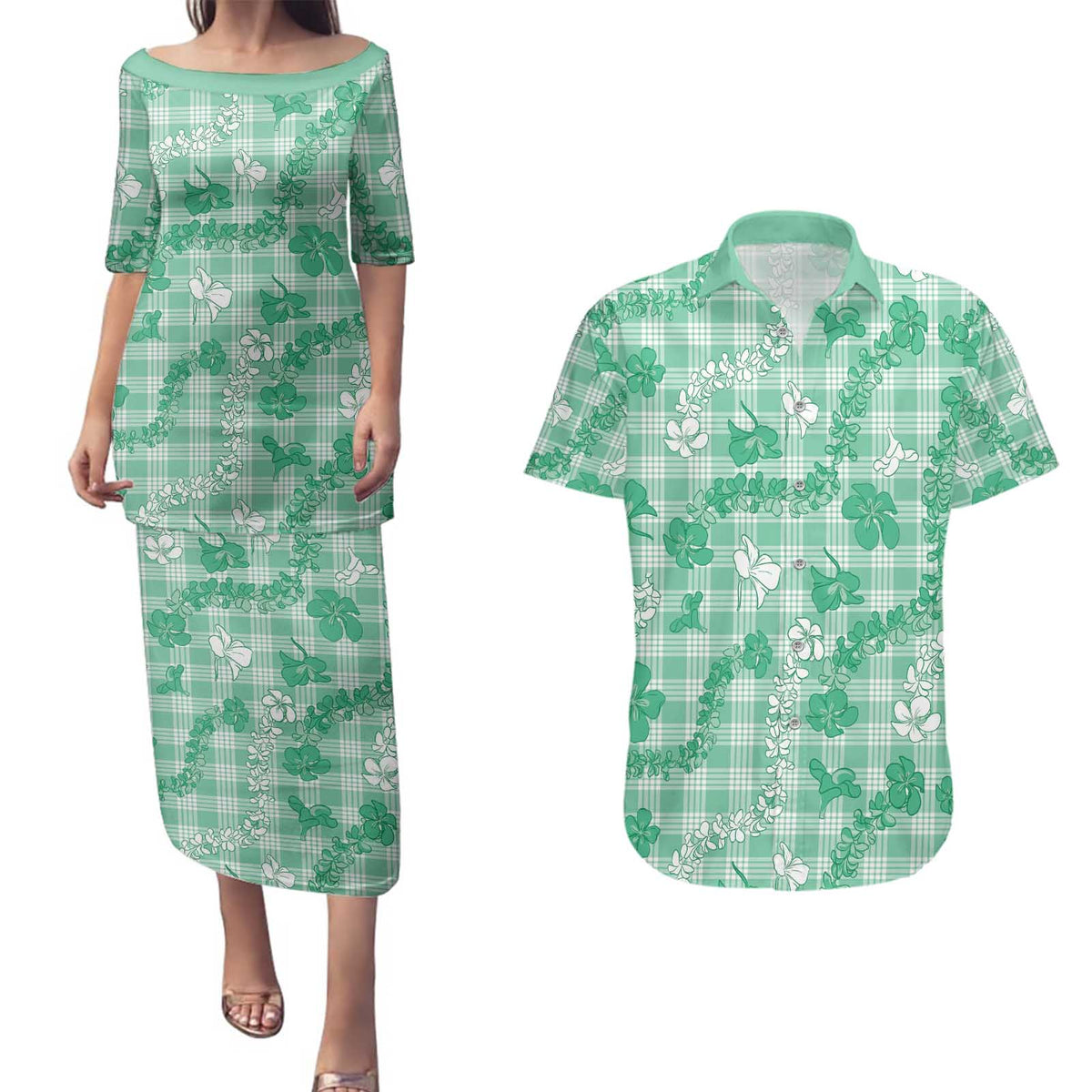 Omaomao Aloha Hawaii Couples Matching Puletasi and Hawaiian Shirt Plumeria Lei With Palaka Motif LT14 Green - Polynesian Pride