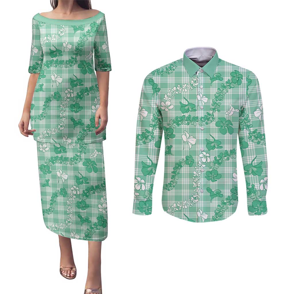 Omaomao Aloha Hawaii Couples Matching Puletasi and Long Sleeve Button Shirt Plumeria Lei With Palaka Motif LT14 Green - Polynesian Pride