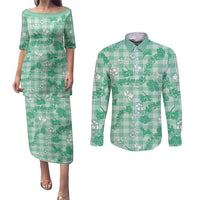 Omaomao Aloha Hawaii Couples Matching Puletasi and Long Sleeve Button Shirt Plumeria Lei With Palaka Motif LT14 Green - Polynesian Pride