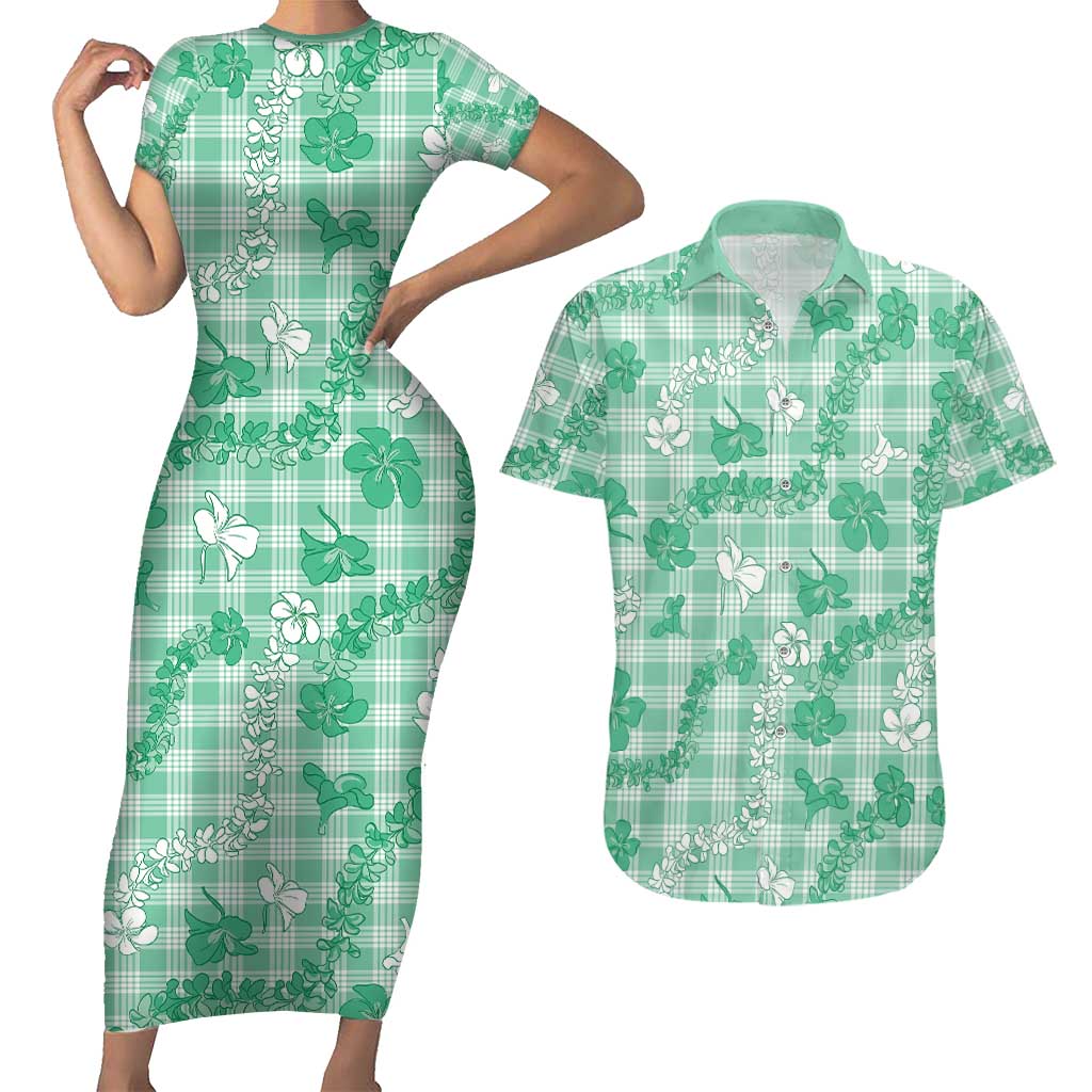 Omaomao Aloha Hawaii Couples Matching Short Sleeve Bodycon Dress and Hawaiian Shirt Plumeria Lei With Palaka Motif LT14 Green - Polynesian Pride