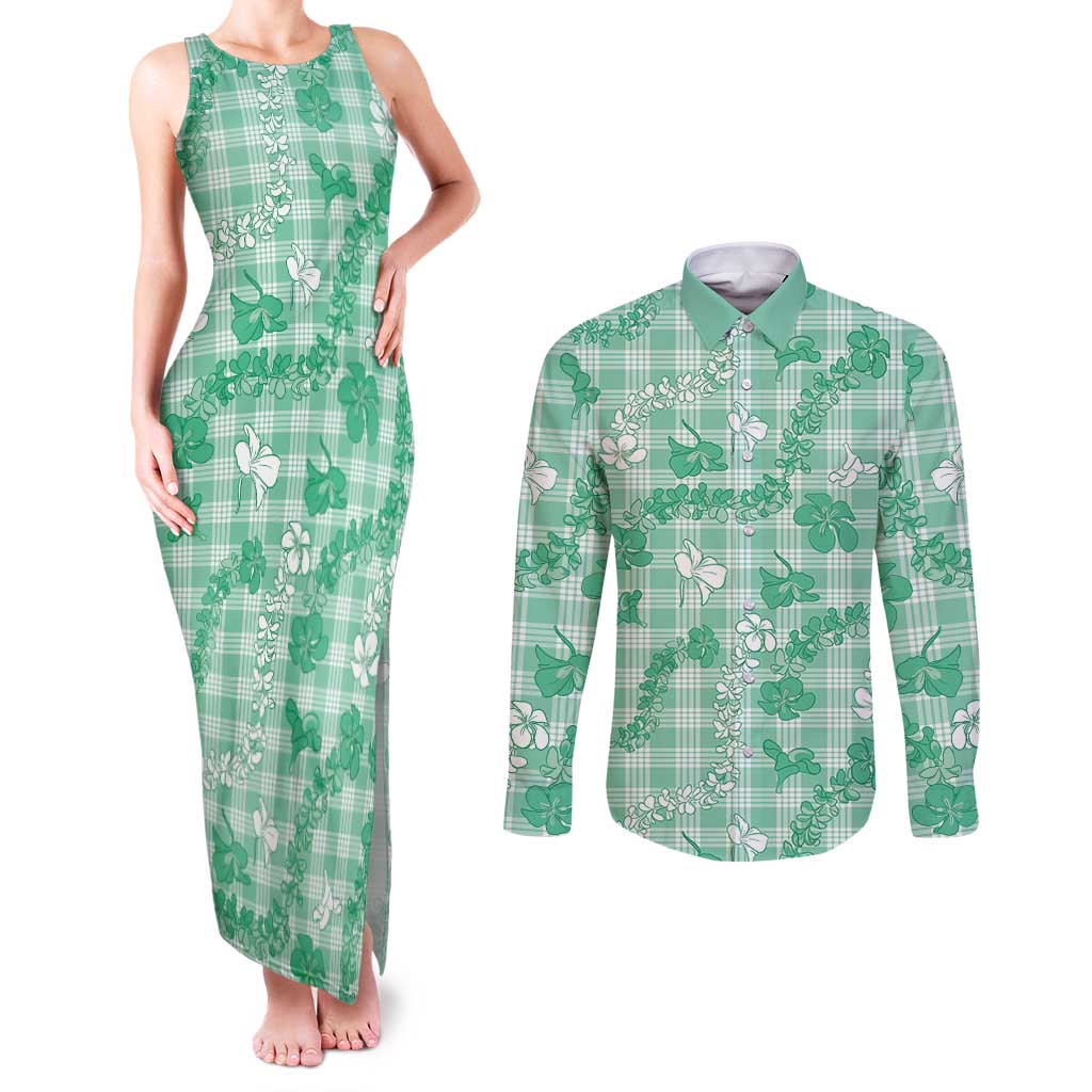 Omaomao Aloha Hawaii Couples Matching Tank Maxi Dress and Long Sleeve Button Shirt Plumeria Lei With Palaka Motif - Polynesian Pride