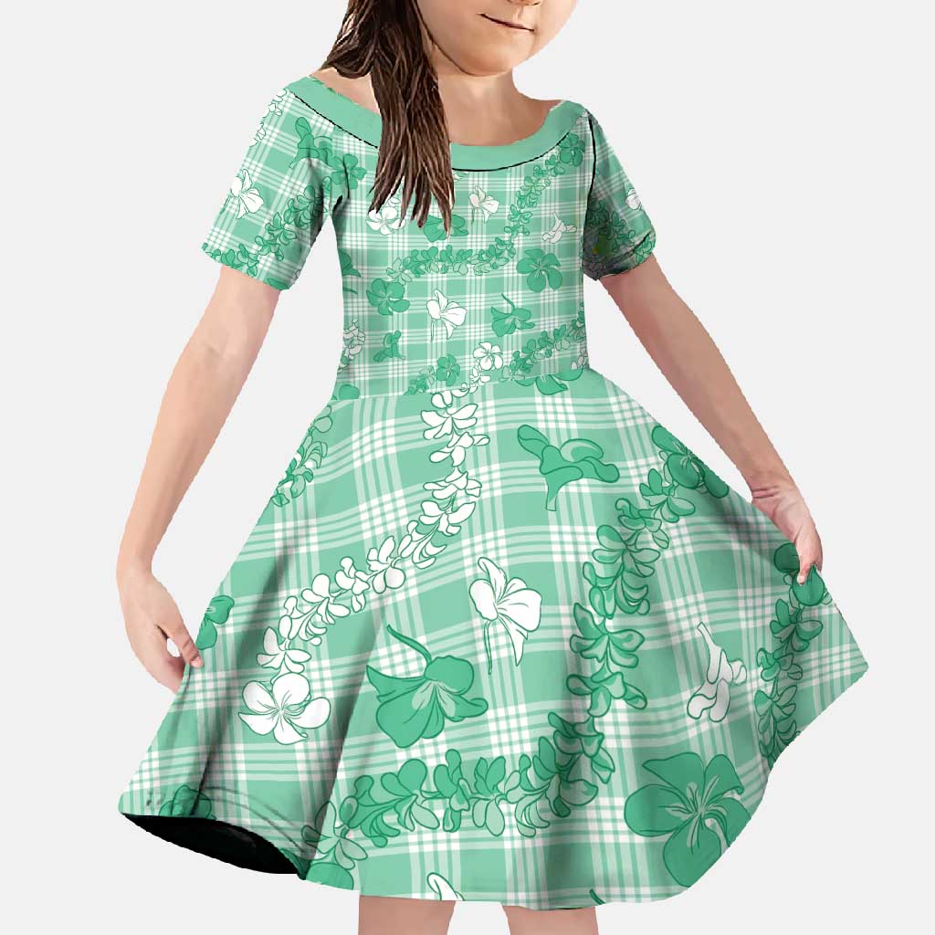 Omaomao Aloha Hawaii Family Matching Mermaid Dress and Hawaiian Shirt Plumeria Lei With Palaka Motif LT14 Daughter's Dress Green - Polynesian Pride