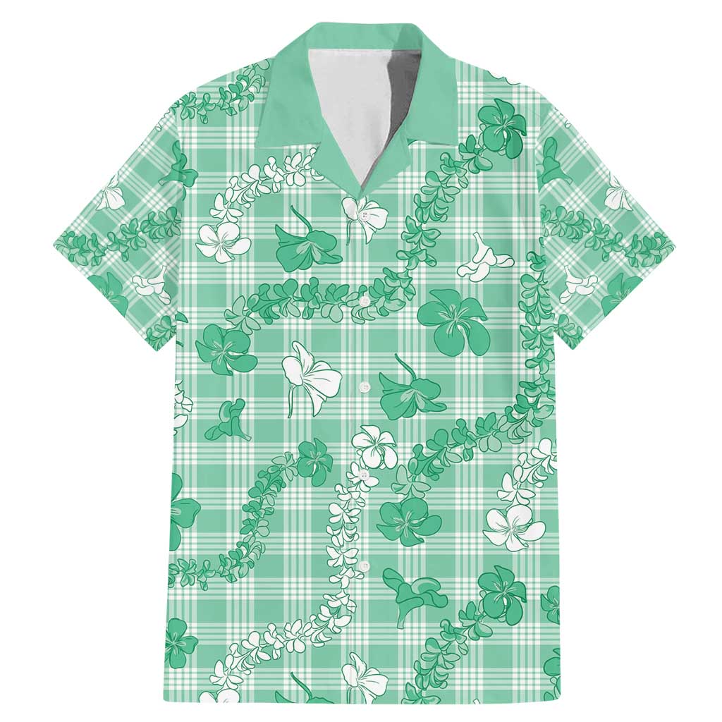 Omaomao Aloha Hawaii Family Matching Mermaid Dress and Hawaiian Shirt Plumeria Lei With Palaka Motif LT14 Dad's Shirt - Short Sleeve Green - Polynesian Pride