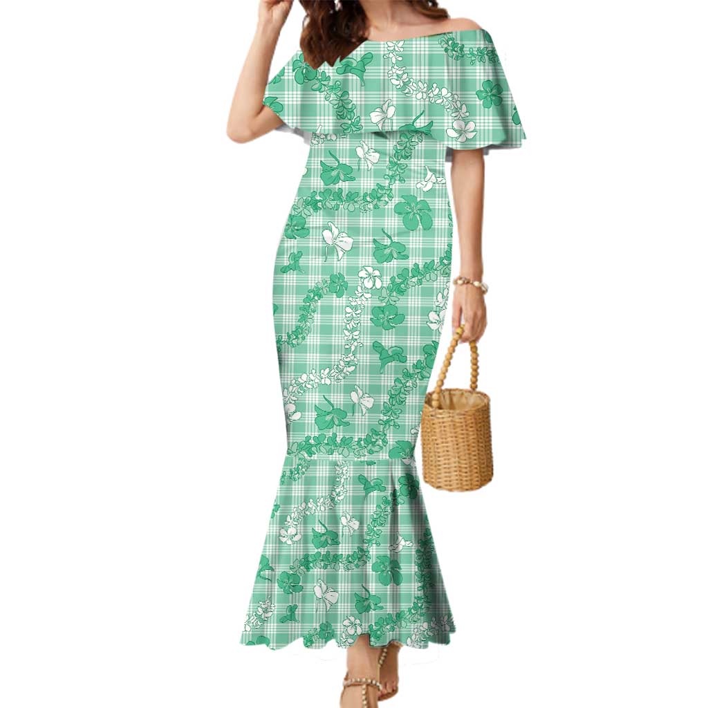 Omaomao Aloha Hawaii Family Matching Mermaid Dress and Hawaiian Shirt Plumeria Lei With Palaka Motif LT14 Mom's Dress Green - Polynesian Pride