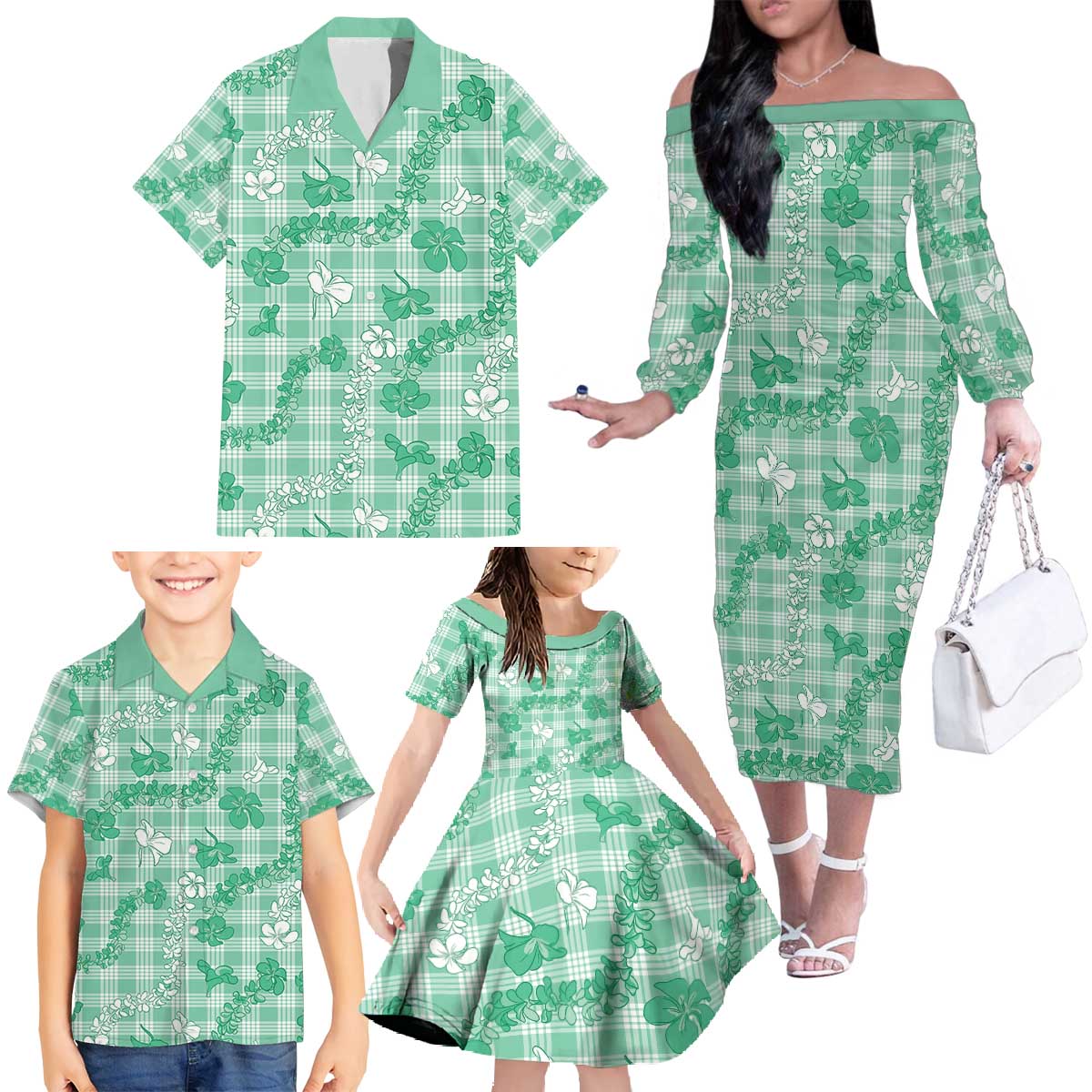 Omaomao Aloha Hawaii Family Matching Off The Shoulder Long Sleeve Dress and Hawaiian Shirt Plumeria Lei With Palaka Motif LT14 - Polynesian Pride