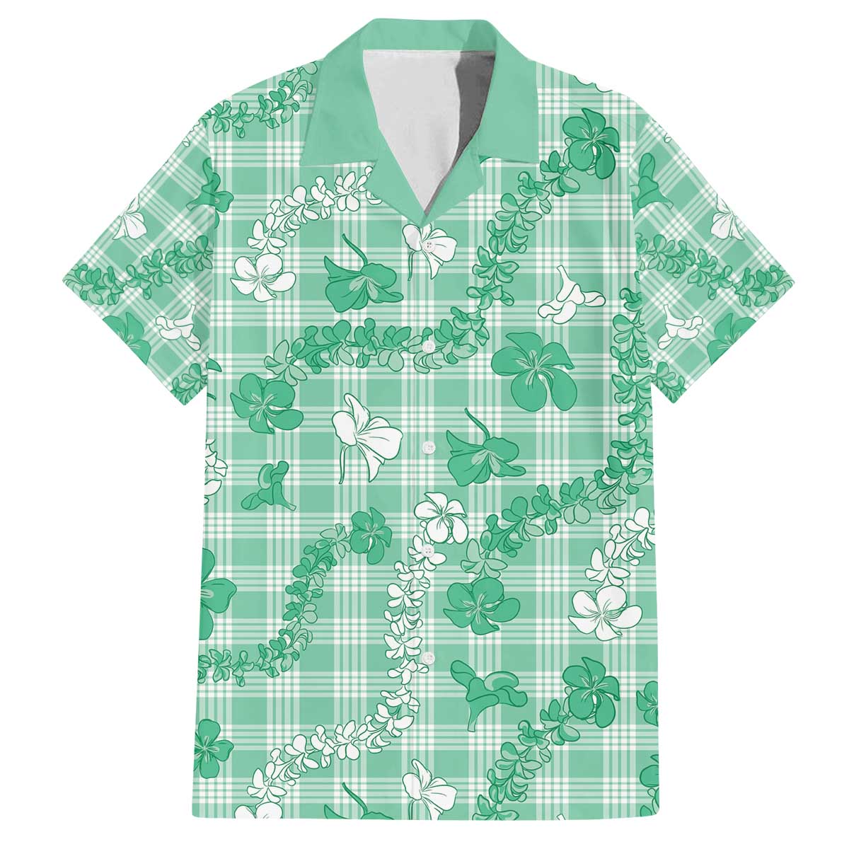 Omaomao Aloha Hawaii Family Matching Off The Shoulder Long Sleeve Dress and Hawaiian Shirt Plumeria Lei With Palaka Motif LT14 Dad's Shirt - Short Sleeve Green - Polynesian Pride