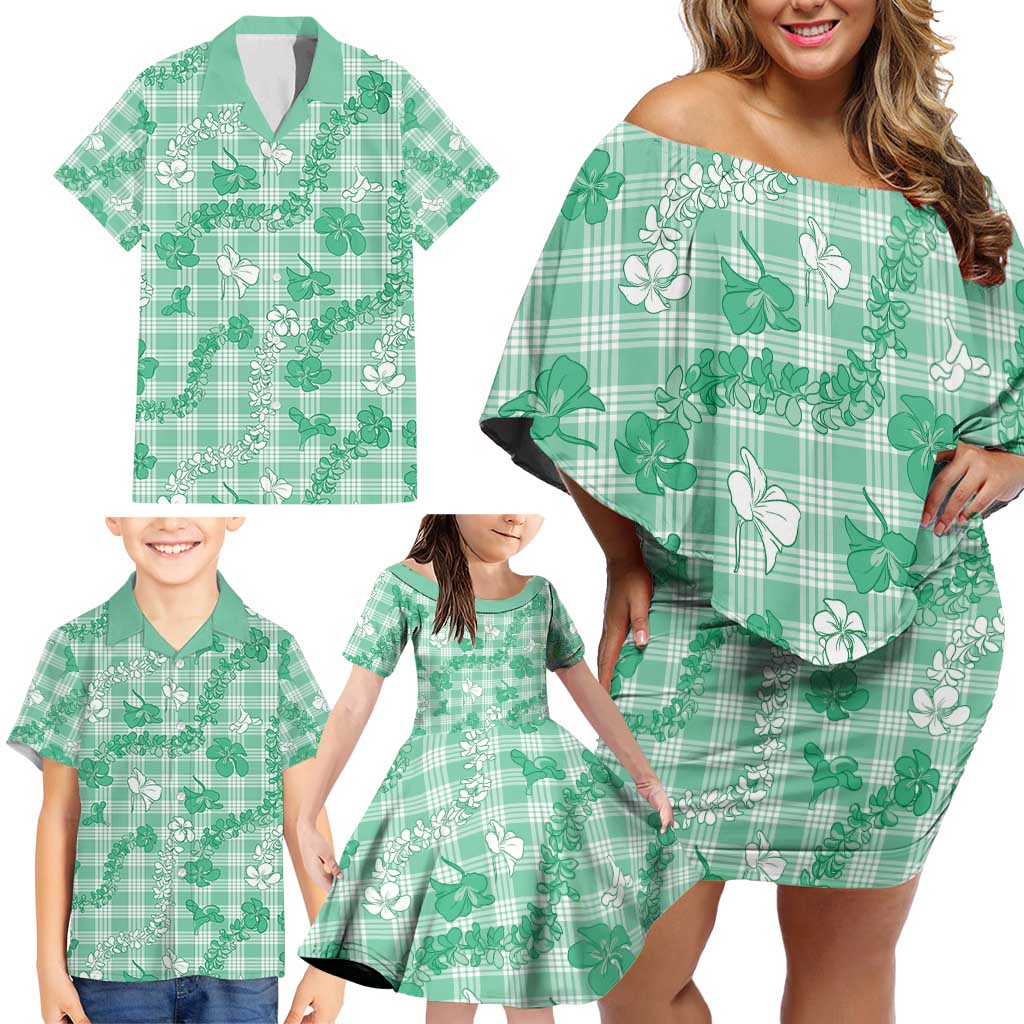 Omaomao Aloha Hawaii Family Matching Off Shoulder Short Dress and Hawaiian Shirt Plumeria Lei With Palaka Motif - Polynesian Pride