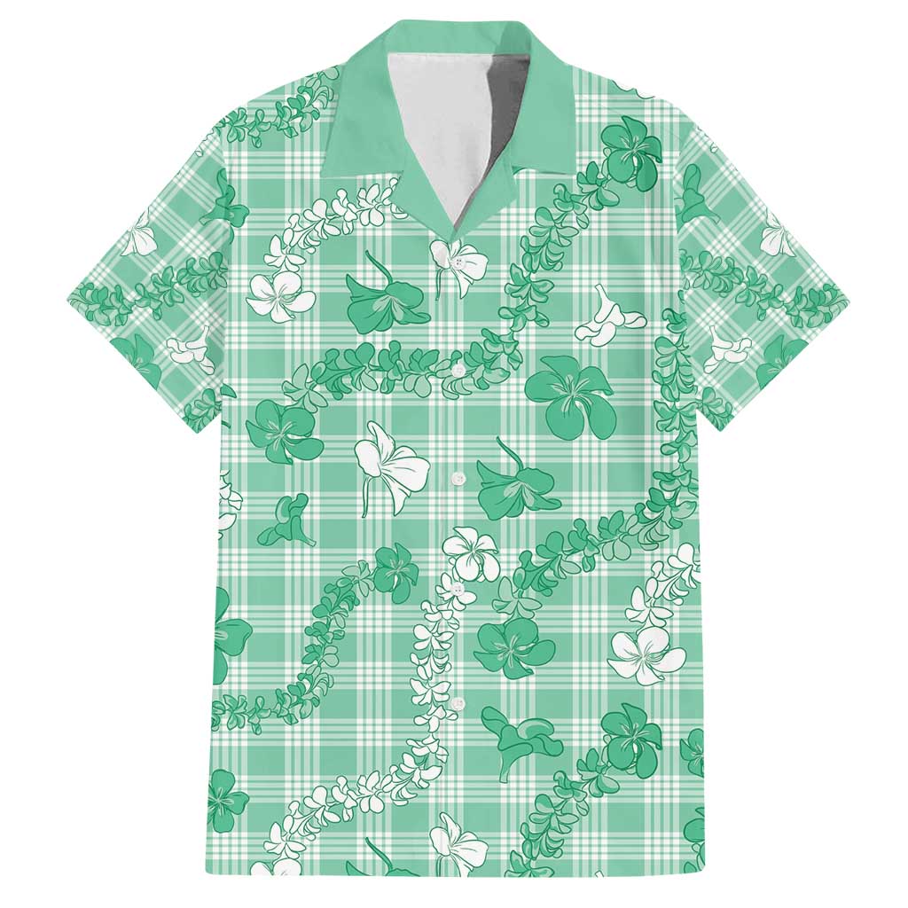 Omaomao Aloha Hawaii Family Matching Off Shoulder Short Dress and Hawaiian Shirt Plumeria Lei With Palaka Motif LT14 Dad's Shirt - Short Sleeve Green - Polynesian Pride