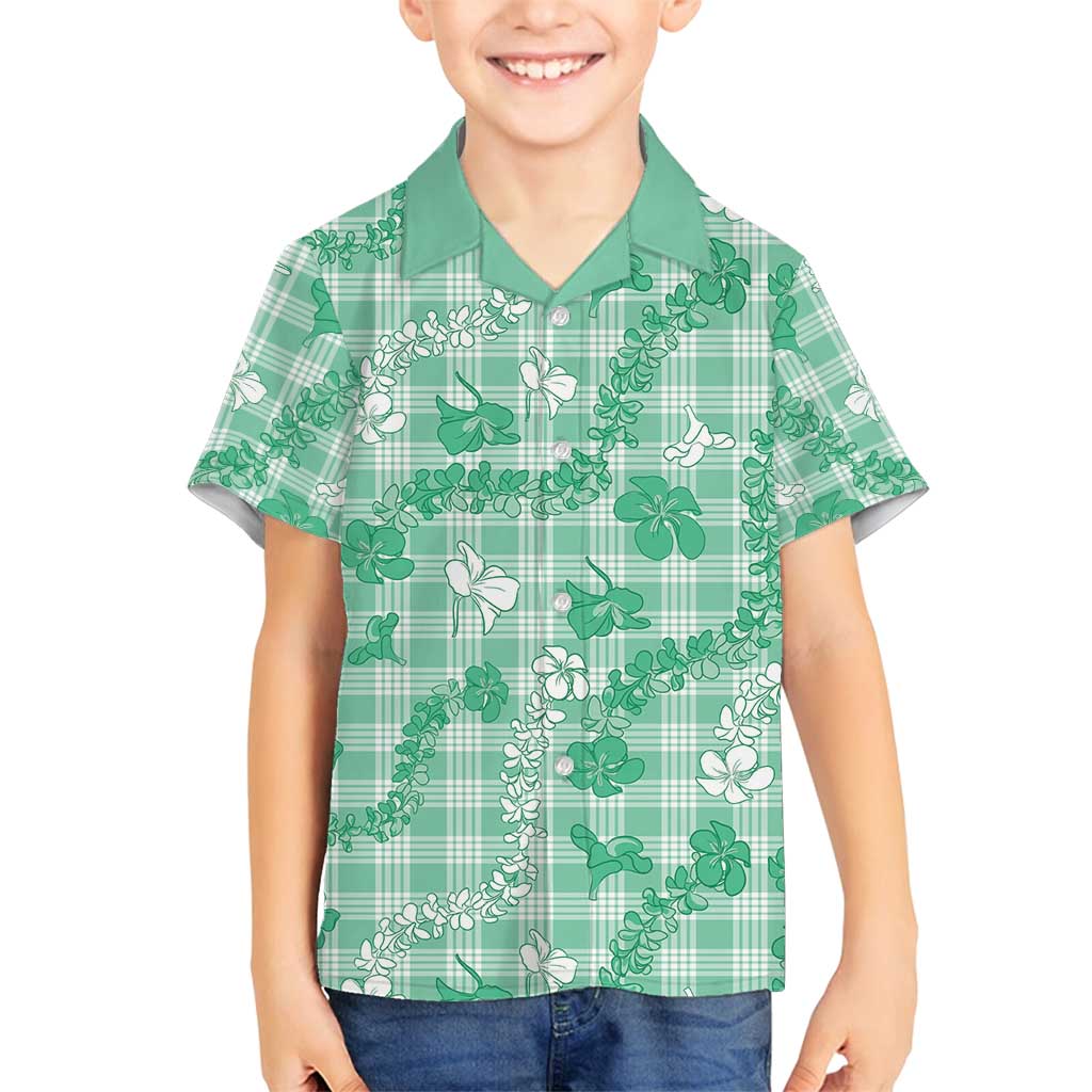 Omaomao Aloha Hawaii Family Matching Off Shoulder Short Dress and Hawaiian Shirt Plumeria Lei With Palaka Motif LT14 Son's Shirt Green - Polynesian Pride