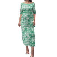 Omaomao Aloha Hawaii Family Matching Puletasi and Hawaiian Shirt Plumeria Lei With Palaka Motif LT14 Mom's Dress Green - Polynesian Pride
