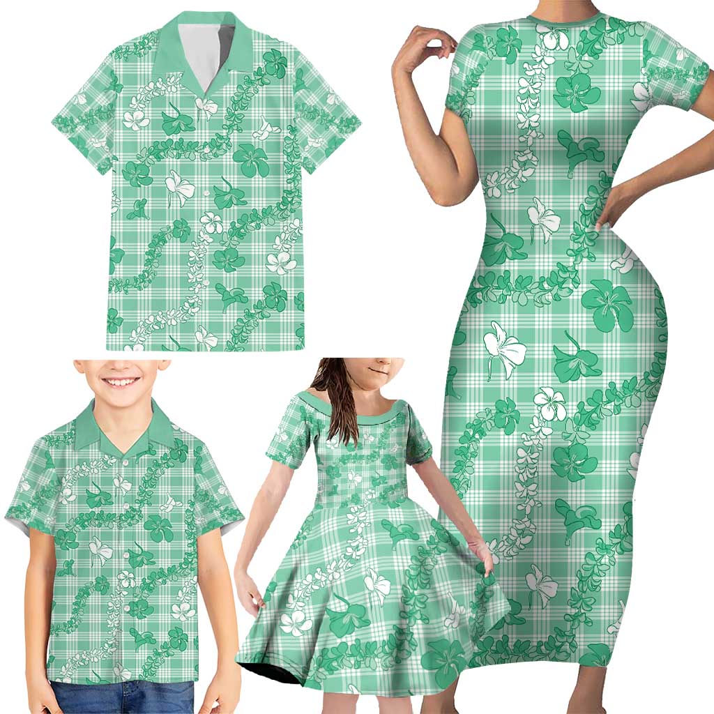 Omaomao Aloha Hawaii Family Matching Short Sleeve Bodycon Dress and Hawaiian Shirt Plumeria Lei With Palaka Motif - Polynesian Pride