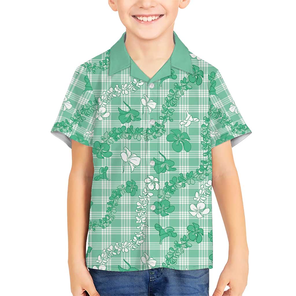 Omaomao Aloha Hawaii Family Matching Short Sleeve Bodycon Dress and Hawaiian Shirt Plumeria Lei With Palaka Motif LT14 Son's Shirt Green - Polynesian Pride