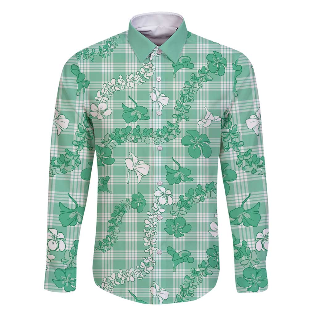 Omaomao Aloha Hawaii Family Matching Tank Maxi Dress and Hawaiian Shirt Plumeria Lei With Palaka Motif LT14 Dad's Shirt - Long Sleeve Green - Polynesian Pride