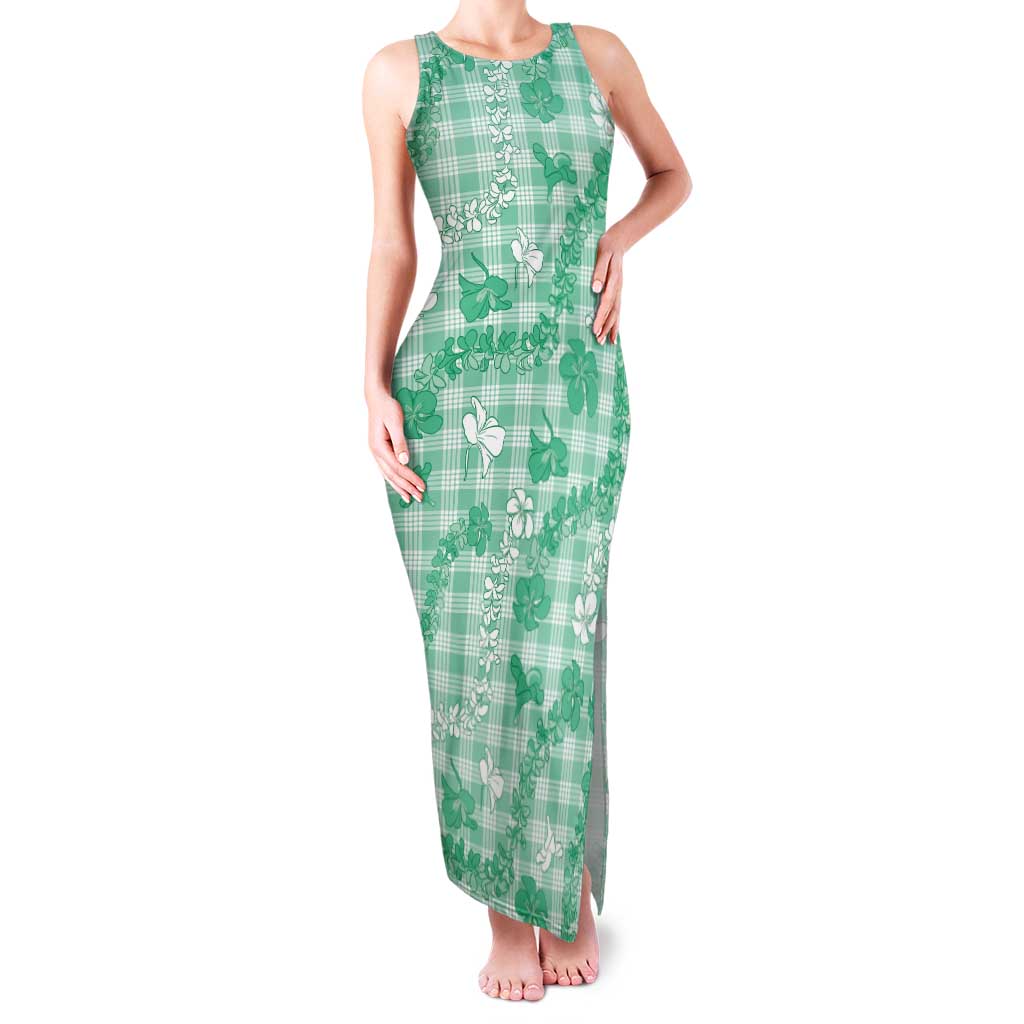 Omaomao Aloha Hawaii Family Matching Tank Maxi Dress and Hawaiian Shirt Plumeria Lei With Palaka Motif LT14 Mom's Dress Green - Polynesian Pride