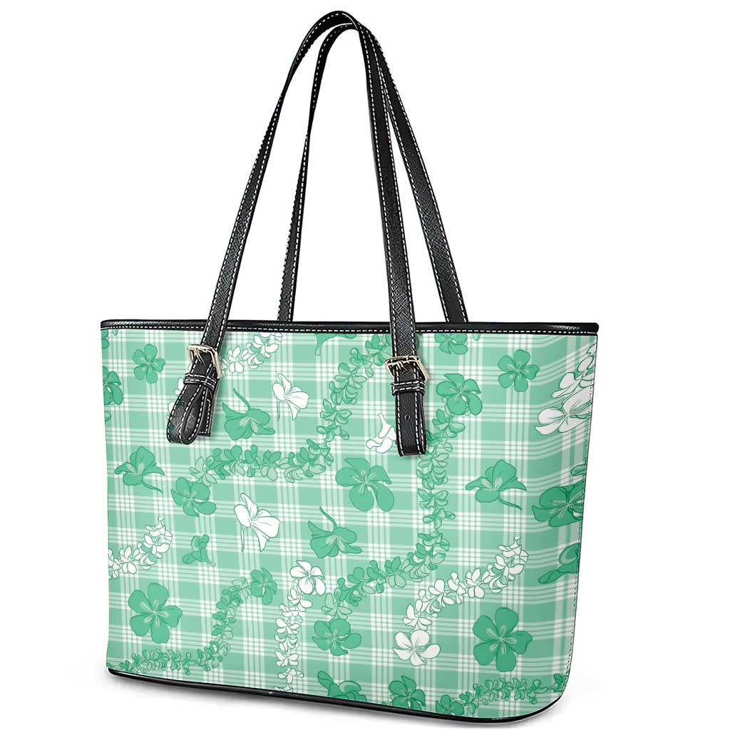 Omaomao Aloha Hawaii Leather Tote Bag Plumeria Lei With Palaka Motif - Polynesian Pride