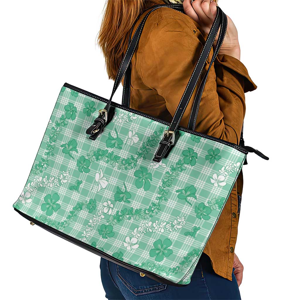Omaomao Aloha Hawaii Leather Tote Bag Plumeria Lei With Palaka Motif - Polynesian Pride