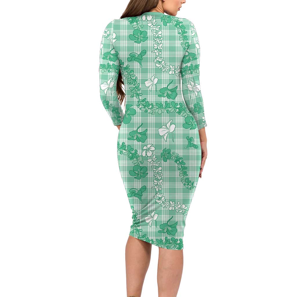 Omaomao Aloha Hawaii Long Sleeve Bodycon Dress Plumeria Lei With Palaka Motif LT14 - Polynesian Pride