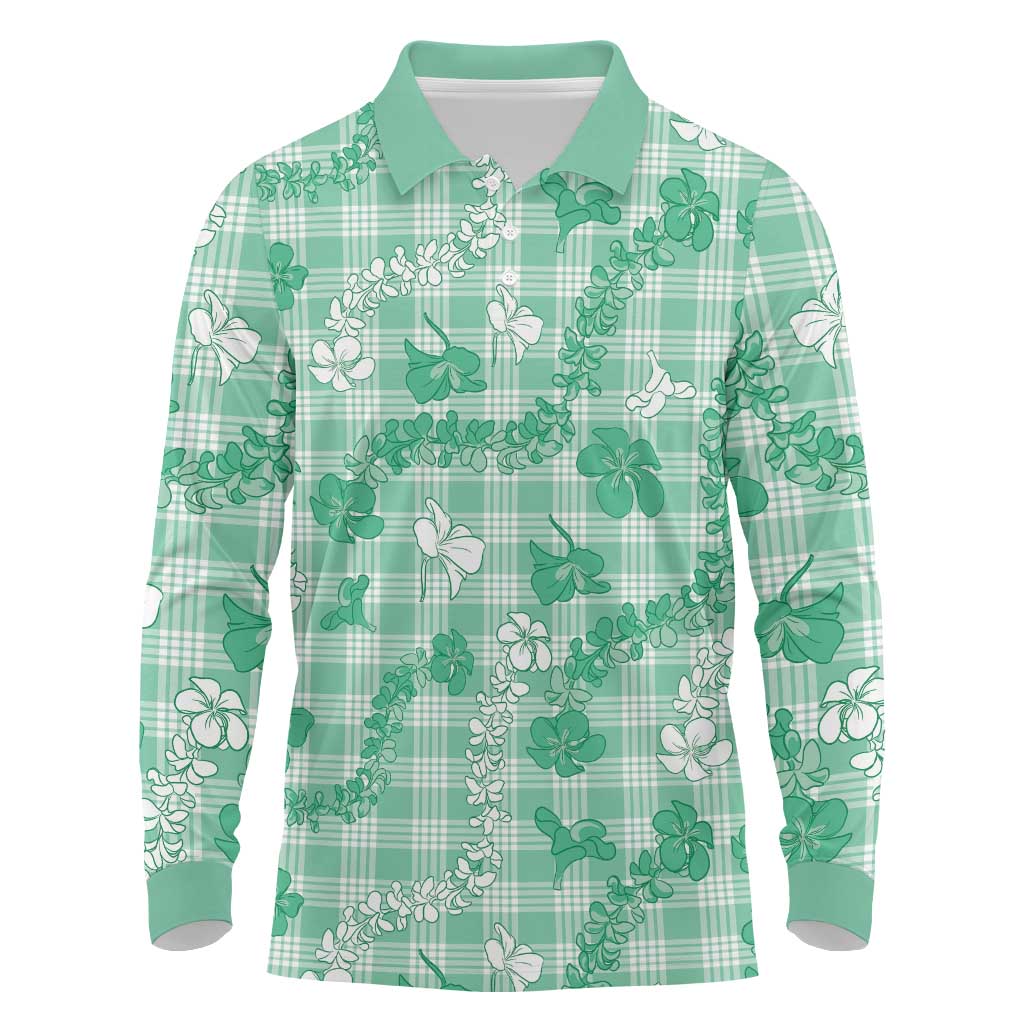 Omaomao Aloha Hawaii Long Sleeve Polo Shirt Plumeria Lei With Palaka Motif LT14 Green - Polynesian Pride