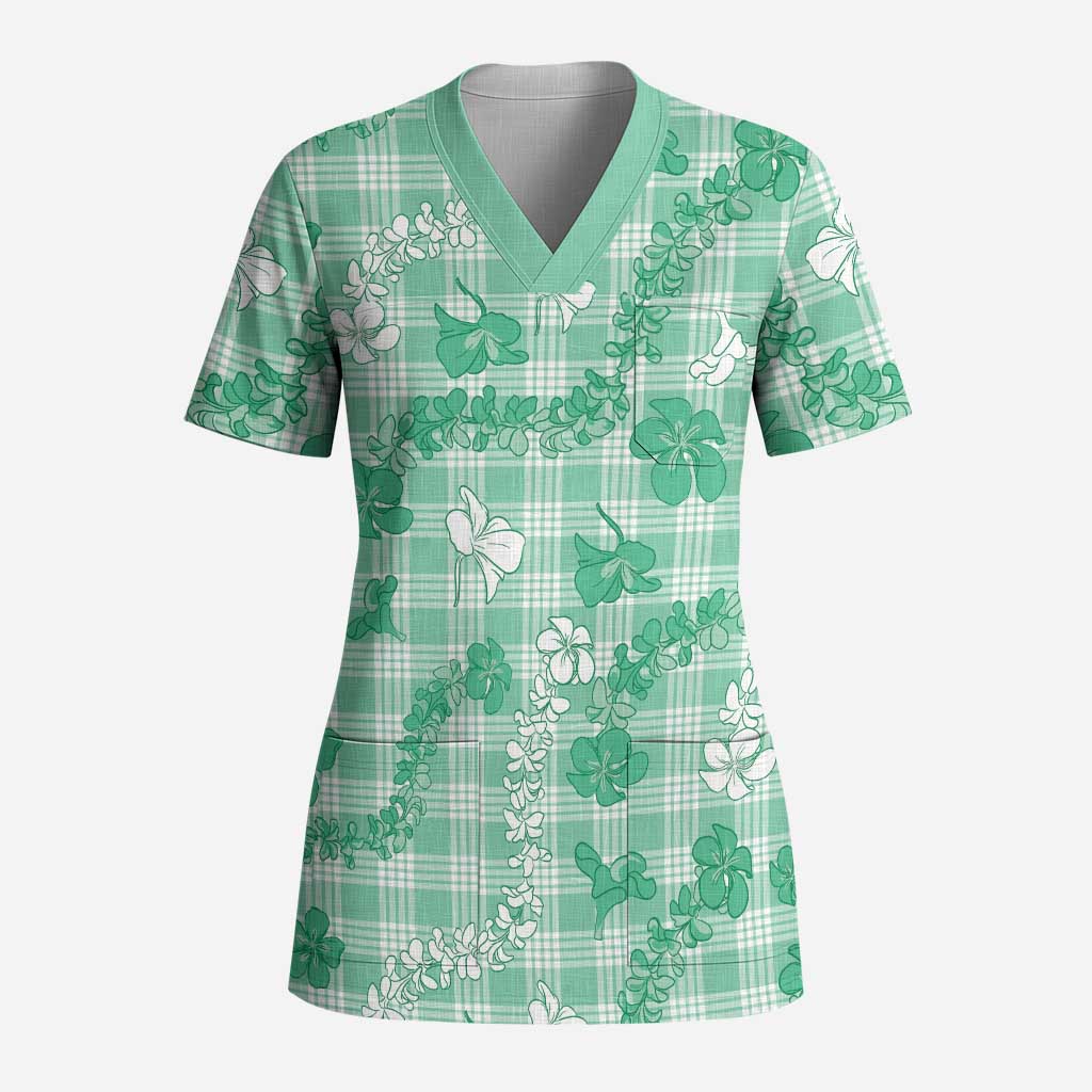 Omaomao Aloha Hawaii Scrub Top Plumeria Lei With Palaka Motif - Polynesian Pride