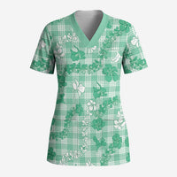 Omaomao Aloha Hawaii Scrub Top Plumeria Lei With Palaka Motif - Polynesian Pride