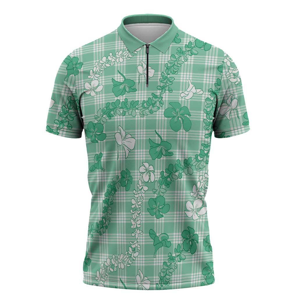 Omaomao Aloha Hawaii Zipper Polo Shirt Plumeria Lei With Palaka Motif LT14 Green - Polynesian Pride