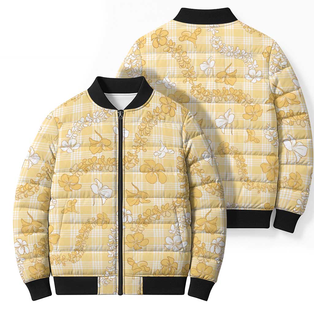 Melemele Aloha Hawaii Bomber Puffer Jacket Plumeria Lei With Palaka Motif - Polynesian Pride