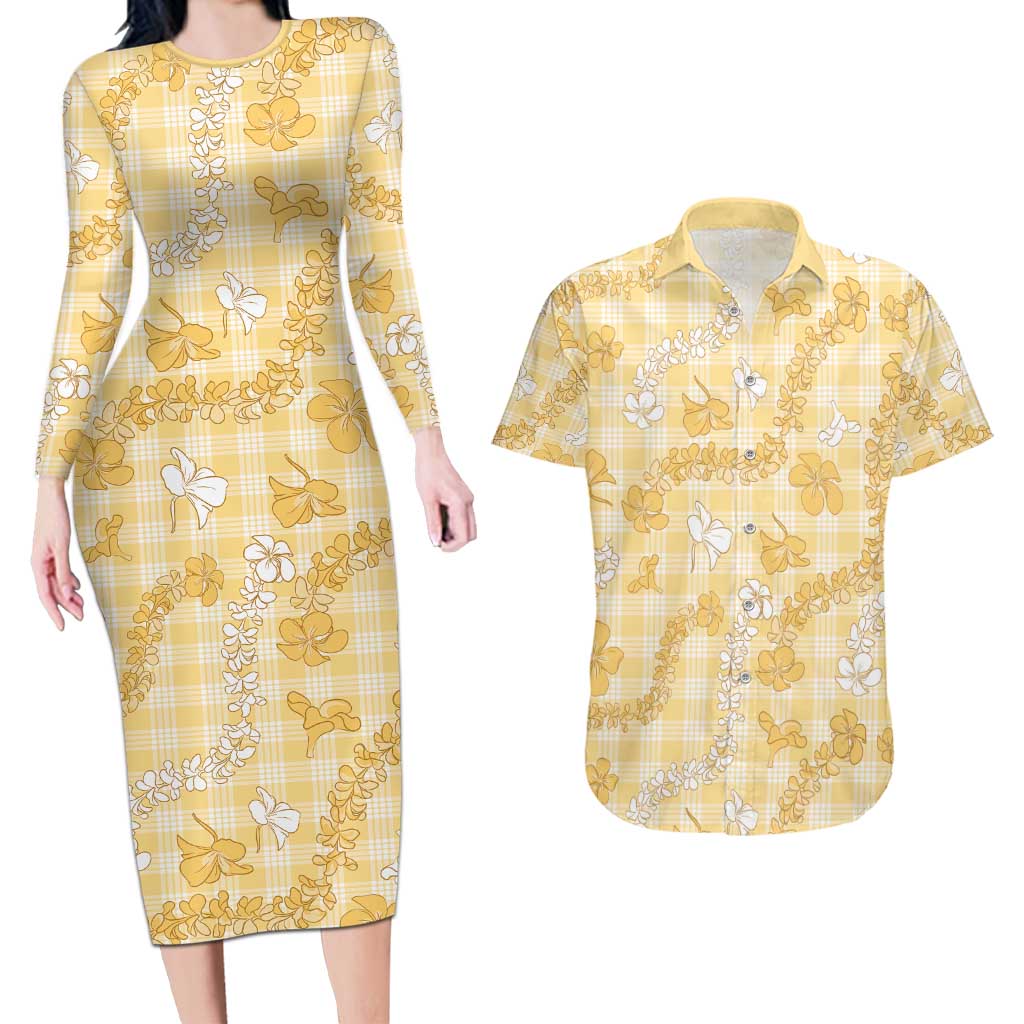 Melemele Aloha Hawaii Couples Matching Long Sleeve Bodycon Dress and Hawaiian Shirt Plumeria Lei With Palaka Motif - Polynesian Pride