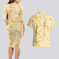 Melemele Aloha Hawaii Couples Matching Long Sleeve Bodycon Dress and Hawaiian Shirt Plumeria Lei With Palaka Motif LT14 - Polynesian Pride