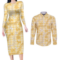 Melemele Aloha Hawaii Couples Matching Long Sleeve Bodycon Dress and Long Sleeve Button Shirt Plumeria Lei With Palaka Motif LT14 Yellow - Polynesian Pride