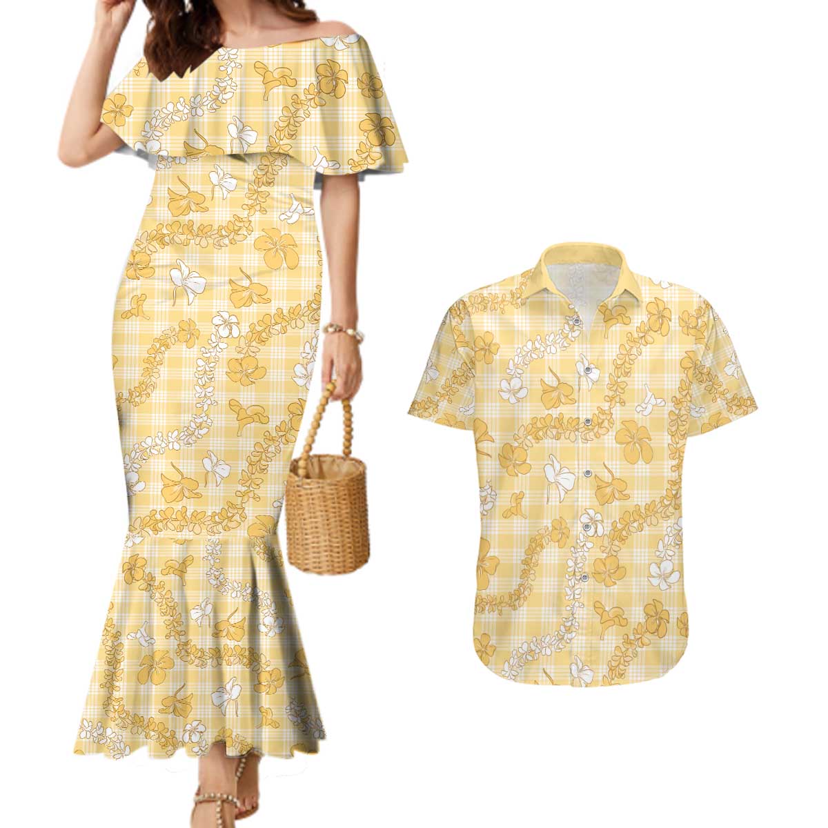 Melemele Aloha Hawaii Couples Matching Mermaid Dress and Hawaiian Shirt Plumeria Lei With Palaka Motif LT14 Yellow - Polynesian Pride