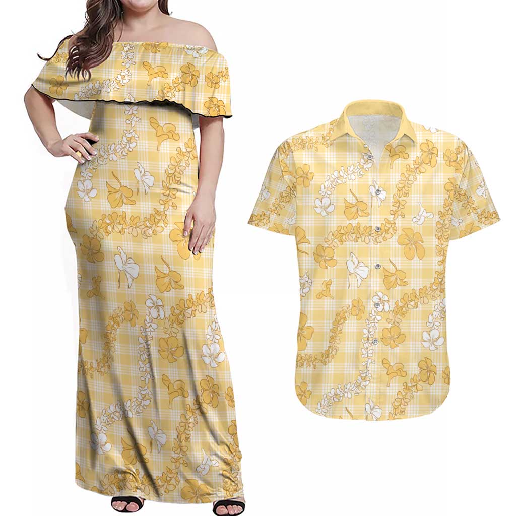 Melemele Aloha Hawaii Couples Matching Off Shoulder Maxi Dress and Hawaiian Shirt Plumeria Lei With Palaka Motif LT14 Yellow - Polynesian Pride