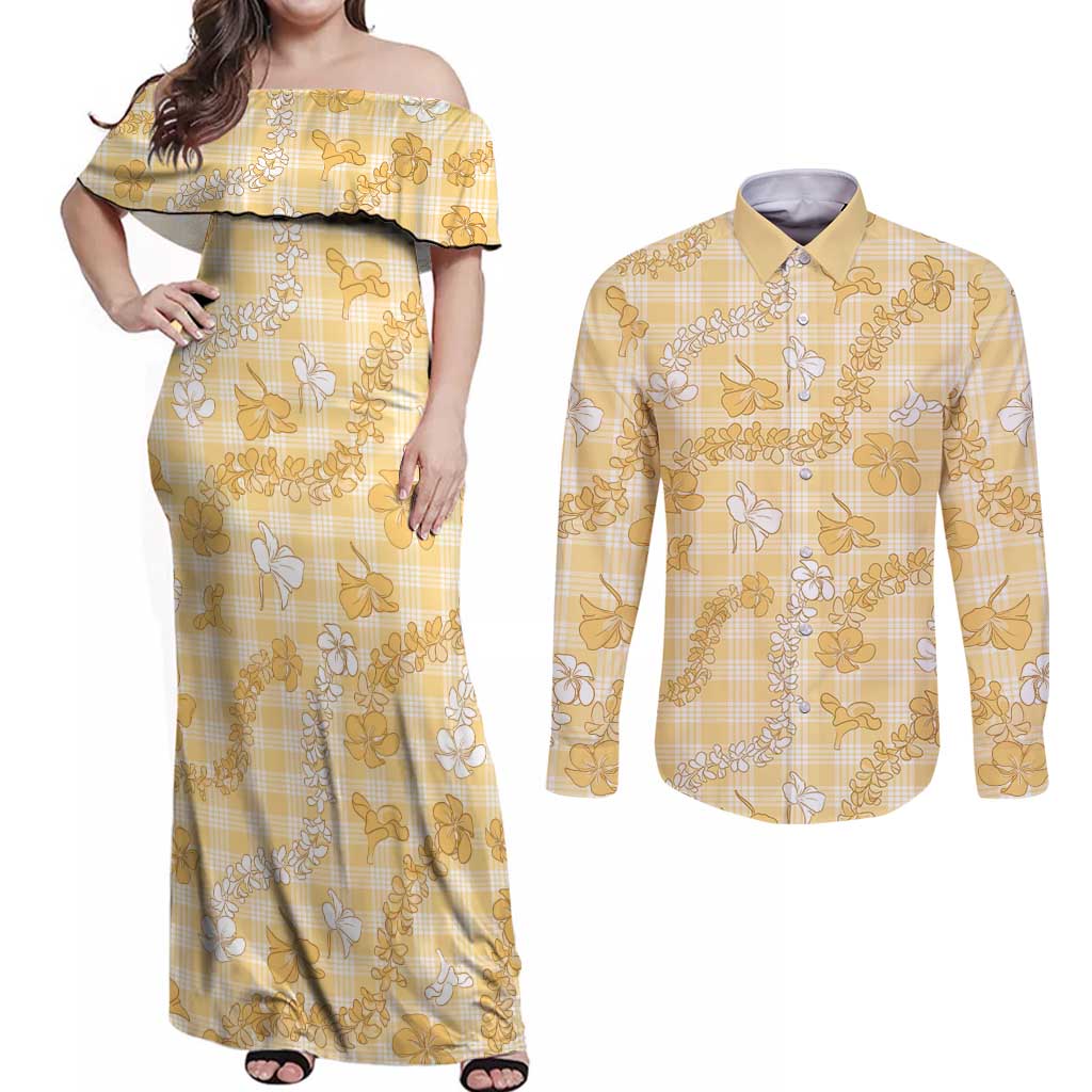 Melemele Aloha Hawaii Couples Matching Off Shoulder Maxi Dress and Long Sleeve Button Shirt Plumeria Lei With Palaka Motif LT14 Yellow - Polynesian Pride