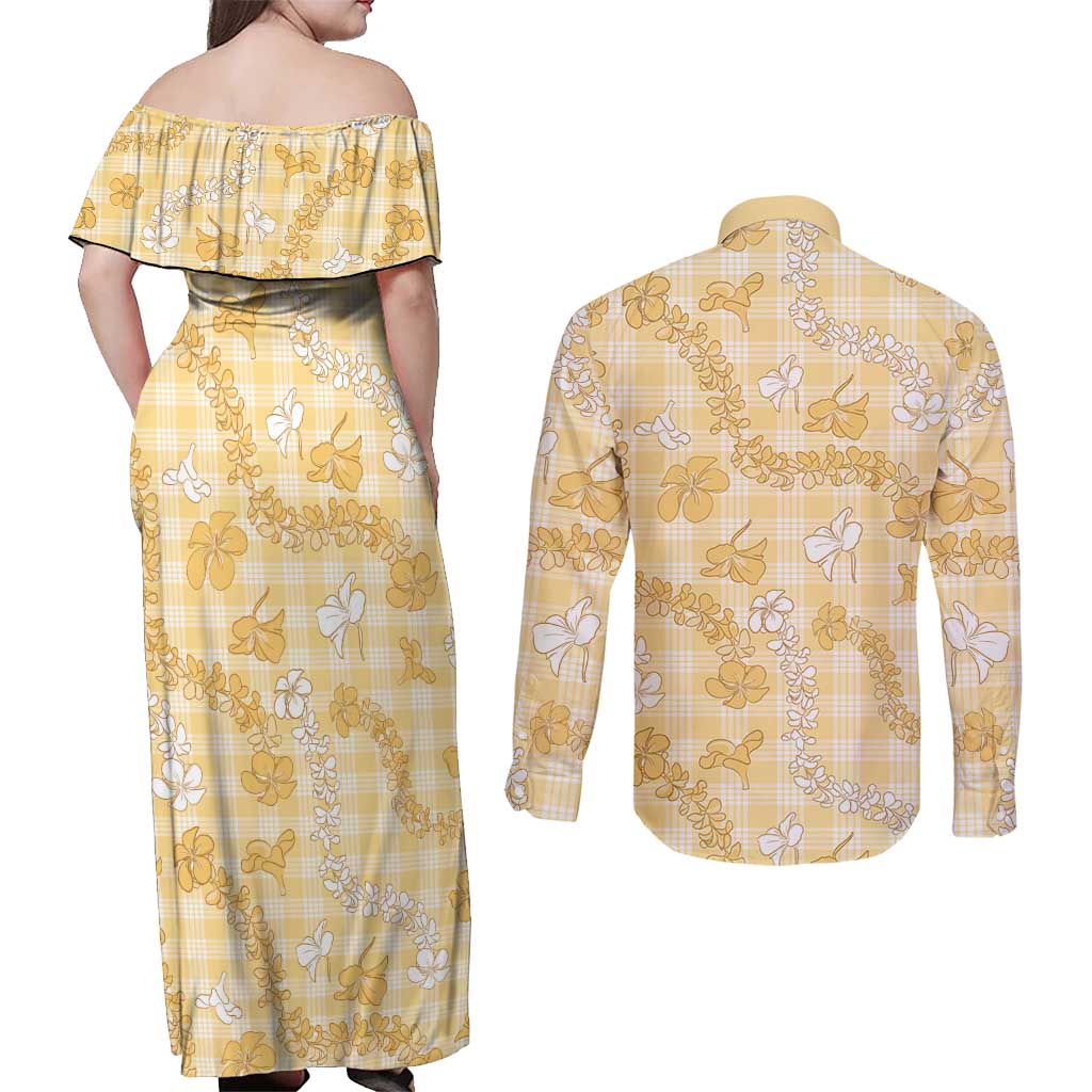 Melemele Aloha Hawaii Couples Matching Off Shoulder Maxi Dress and Long Sleeve Button Shirt Plumeria Lei With Palaka Motif LT14 - Polynesian Pride
