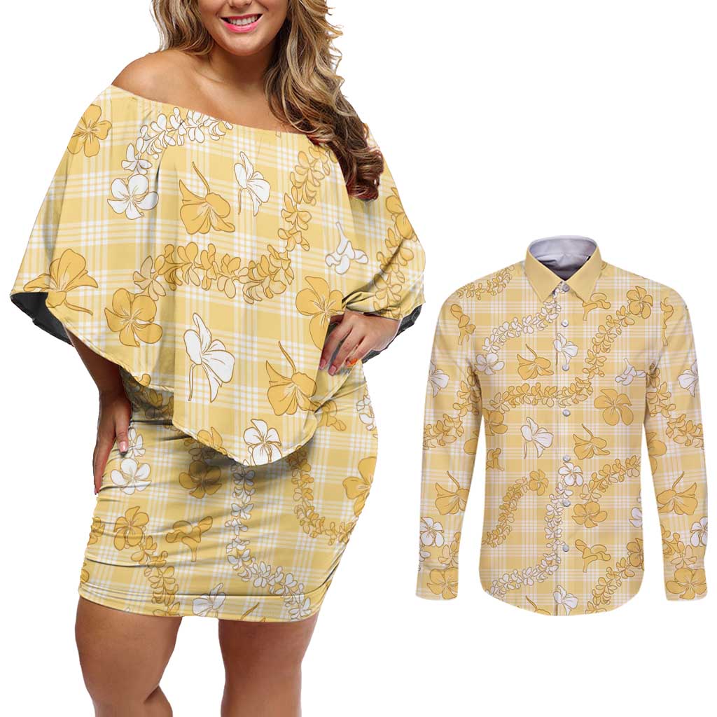 Melemele Aloha Hawaii Couples Matching Off Shoulder Short Dress and Long Sleeve Button Shirt Plumeria Lei With Palaka Motif - Polynesian Pride