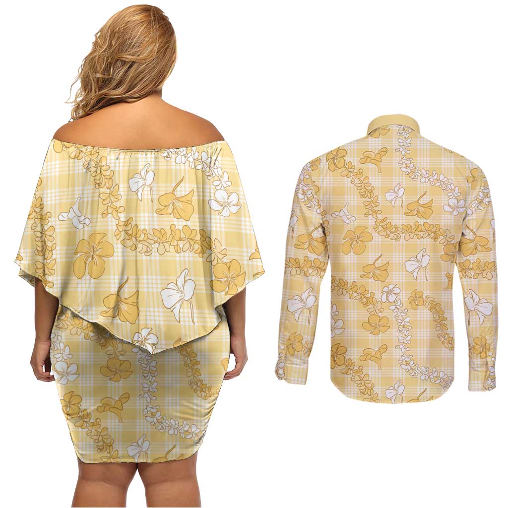Melemele Aloha Hawaii Couples Matching Off Shoulder Short Dress and Long Sleeve Button Shirt Plumeria Lei With Palaka Motif LT14 - Polynesian Pride