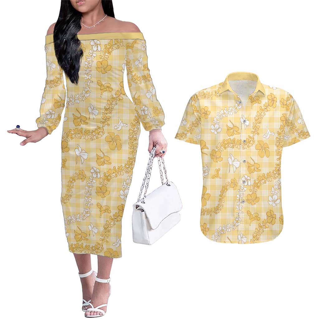 Melemele Aloha Hawaii Couples Matching Off The Shoulder Long Sleeve Dress and Hawaiian Shirt Plumeria Lei With Palaka Motif - Polynesian Pride