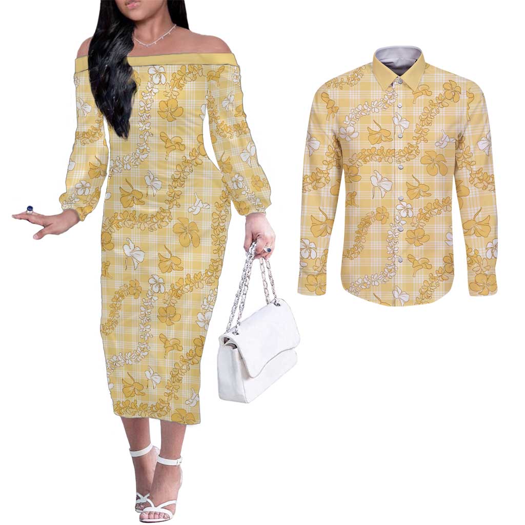 Melemele Aloha Hawaii Couples Matching Off The Shoulder Long Sleeve Dress and Long Sleeve Button Shirt Plumeria Lei With Palaka Motif - Polynesian Pride