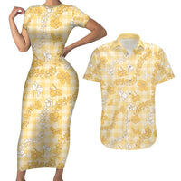 Melemele Aloha Hawaii Couples Matching Short Sleeve Bodycon Dress and Hawaiian Shirt Plumeria Lei With Palaka Motif LT14 Yellow - Polynesian Pride